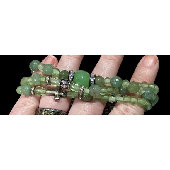 Religious Green Glass Beaded Layered Stretch Bracelet - Picture 3 of 5